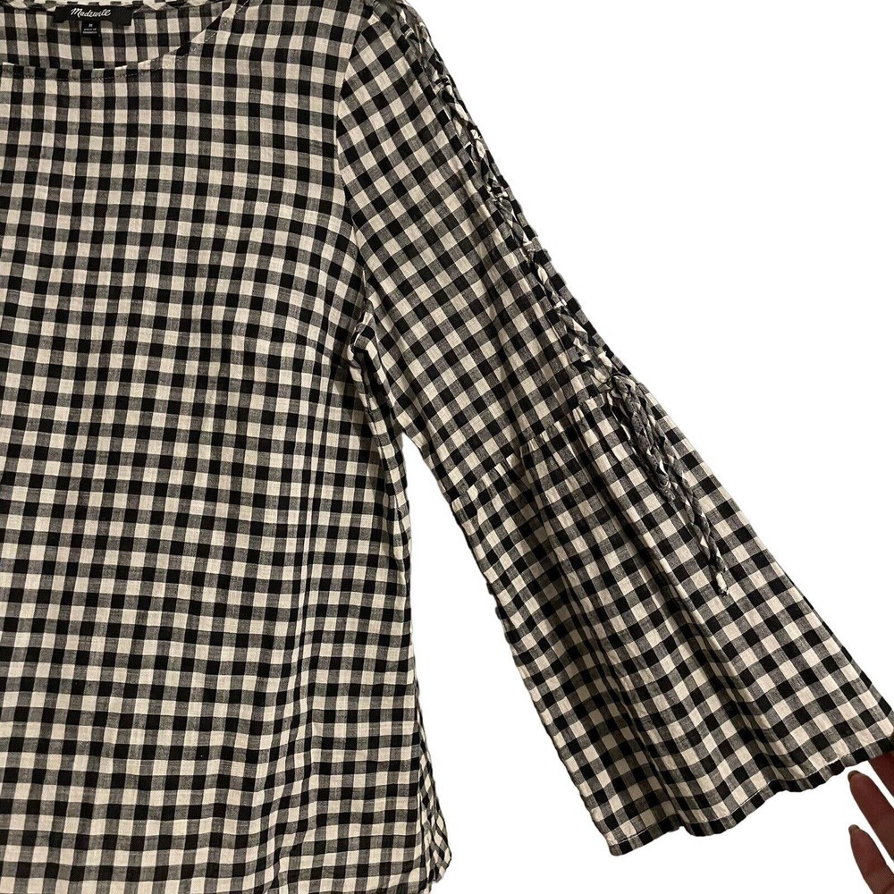 Madewell Gingham Lace Up Bell Sleeve Top Black & White Medium Check Boho… - Picture 3 of 10